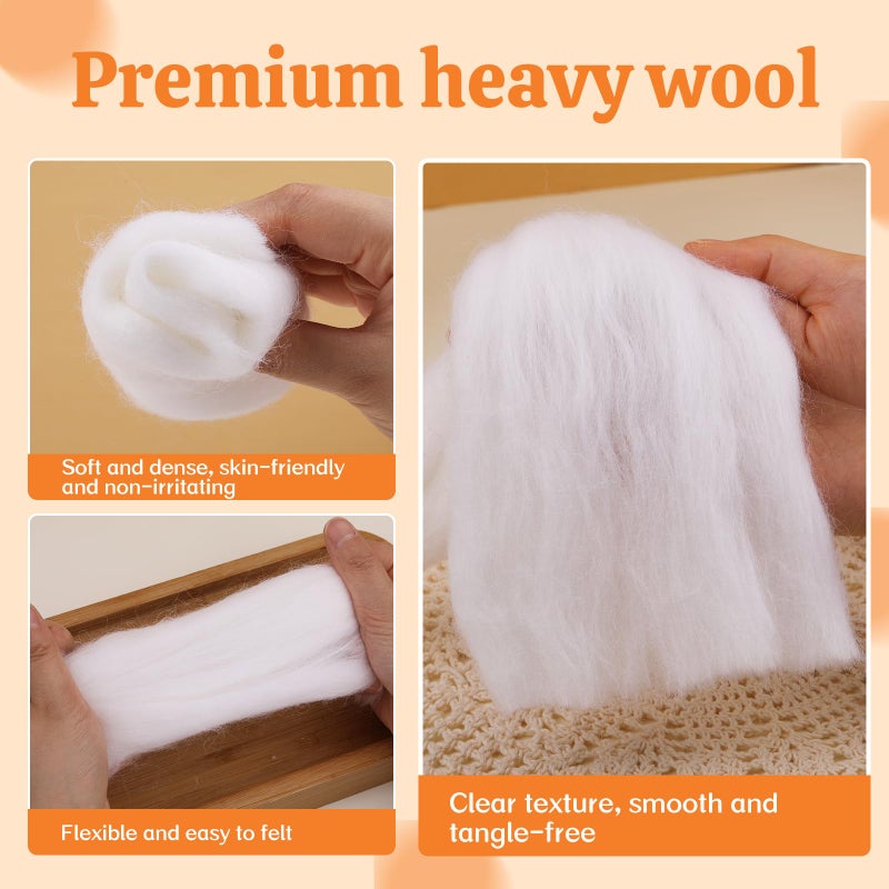JUPEAN 3.53oz Wool Roving: Needle Felting Wool White Roving Wool Felting Supplies Pure Wools Chunky Yarn Spinning Wool Roving for Needle Felting Wet DIY Hand Spinning - Image 3